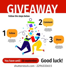 Vector quiz template with illustration of abstract people and box on white color background. Social media design with word giveaway for web, contest post, banner, poster, flyer