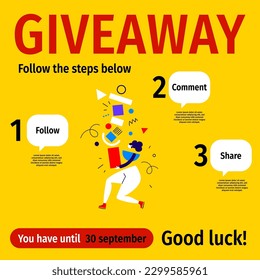 Vektorquizvorlage mit Illustration von abstrakter Frau und Kiste auf gelbem Hintergrund. Social-Media-Design mit Wortgiveaway für Web, Contest-Post, Banner, Poster, Flyer