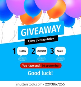 Vector quiz template with illustration of air balloon on white and blue color background with word giveaway. Social media design for web, contest post, banner, poster, flyer