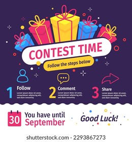 Vector quiz template with illustration of gift box on white color background with word ontest time. Social media design for web, giveaway post, banner, poster, flyer