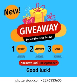 Vector quiz template with illustration of gift box on blue color background with word giveaway. Social media design for web, contest post, banner, poster, flyer