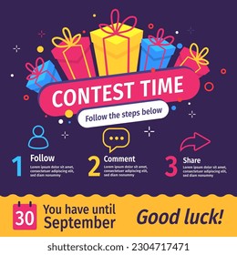 Vector quiz template with illustration of gift box on dark color background with word contest time. Social media design for web, giveaway post, banner, poster, flyer