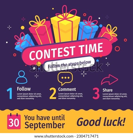 Vector quiz template with illustration of gift box on dark color background with word contest time. Social media design for web, giveaway post, banner, poster, flyer