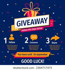 Vector quiz template with illustration of yellow and red gift box on dark blue color background with word giveaway. Social media design for web, contest post, banner, poster, flyer