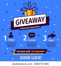 Vector quiz template with illustration of yellow gift box on blue color background with word giveaway. Social media design for web, contest post, banner, poster, flyer