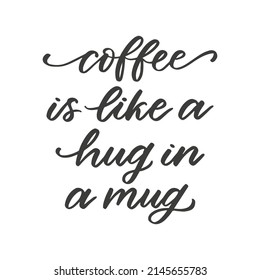 Vector quote about coffee - Coffee is like a hug in a mug. Black calligraphy isolated on white background