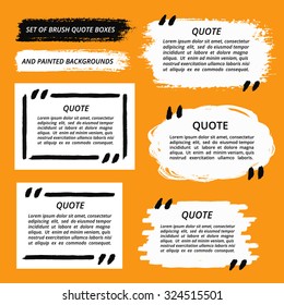 Vector Quote Boxes set. Painted strips, round, square. Distress texture. Brush stroke frames for your text. White grunge speech bubbles. Artistic label, badge, poster. Isolated on orange background.