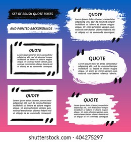 Vector Quote Boxes set. Painted strips, round, square. Distress texture. Brush stroke frames for your text. White grunge speech bubbles. Artistic label, badge, poster. Isolated on gradient background.