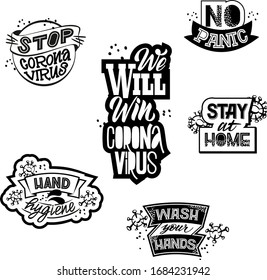 Vector quote from a hand drawn text. No infection, stop the coronavirus. A set of stickers.