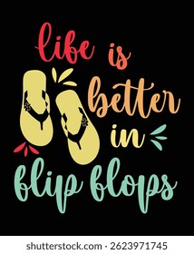 Vector quote with life is better in flip-flops, ideal for t-shirts, bags, posters, and cards, isolated on a white background. Summer beach vibes. EPS-10.