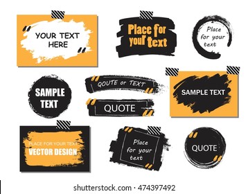 Vector quote or text boxes collection. Hand drawn frames, square, rectangle and round shapes. Grunge brush strokes, splatter textures.