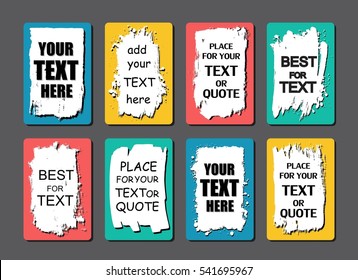 Vector quote or text boxes collection. Hand drawn frames. Grunge brush strokes, splatter textures.