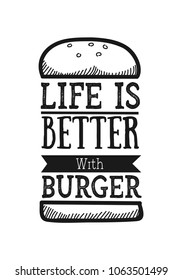 Vector quote typographical background about fast food with illustration of burger in hand drawn sketch