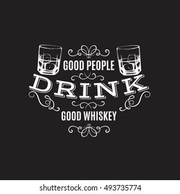 Vector quote typographical background about whiskey. Hand drawn sketch style illustration of glass with ice cube. Template for business card poster and banner.