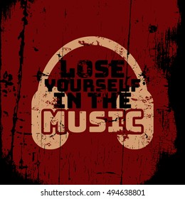 Vector quote typographical background about music with silhouette of headphones. Vintage texture. Template for card banner poster and print for t-shirt.
