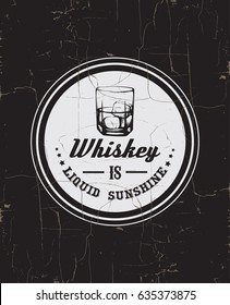 Vector quote typographical background about whiskey.Hand drawn sketch style illustration of glass with ice cube.  Template for business card poster and banner.