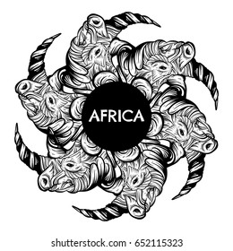 Vector quote typographical background " Africa". Hand drawn  illustration of rhino with decorative elements. Artwork in boho style.  Template for card poster banner print for t-shirt.