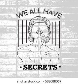 Vector quote typographical background with illustration of woman without eyes and finger made in hand drawn style. Line artwork. Template for card, poster, banner, print for t-shirt. 