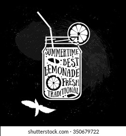 Vector quotes card design. Lemonade typography print for menu, book, signboard or t-shirt in silhouette style. Design elements. Stylized juice drink illustration for background. Chalkboard effect.