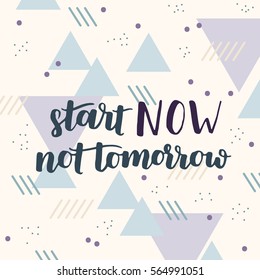 Vector quotes lettering on modern abstract background. Motivational poster about running and inspiration. Hand written phrases for your design. Triangles, lines and dots.