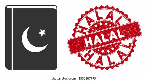 Vector quran book icon and grunge round stamp seal with Halal phrase. Flat quran book icon is isolated on a white background. Halal stamp uses red color and grunge surface.