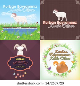 Vector Qurban Day Greeting Message Card, Flyer, Banner Illustration - Turkish Text "Kurban Bayraminiz, Kutlu Olsun". "Festival of the sacrifice, be Blessed" at English