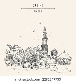 Vector Qutub Minar (Qutab Minar, Qutb Minar) hand drawn touristic postcard. New Delhi, India, Asia. Muslim heritage victory tower. Hand drawn cityscape sketch. Travel sketch art. Vintage artistic post