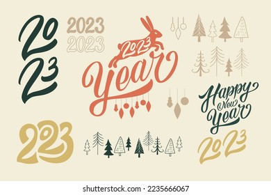 Vector rabbit 2023. Set of Christmas design elements with lettering. Christmas Trees, christmas toys. Light background.