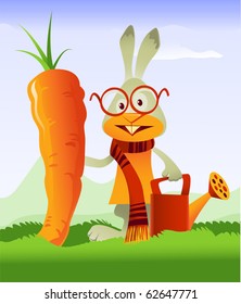 Vector rabbit admiring the gigantic carrot he grew in his garden