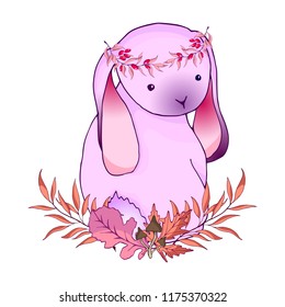 Vector rabbit in autumn leaves, in pink tones