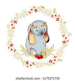 Vector rabbit in autumn wreath, very delicate colors