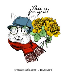 Vector rabbit with blue cap, scarf, glasses and bouquet. Hand drawn illustration of dressed rabbit with yellow roses.