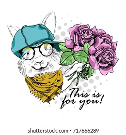 Vector rabbit with blue cap, yellow scarf and bouquet. Hand drawn illustration of dressed rabbit with pink roses.