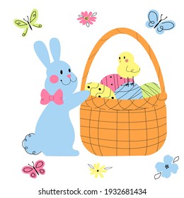 Vector rabbit with a bow on the neck next to a basket with decorated eggs and a chicken isolated on white background. Easter cute illustration in flat style.