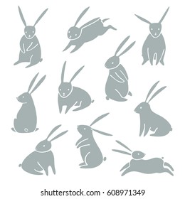 Vector rabbit, bunny icon silhouette set