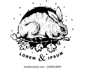 Vector rabbit or bunny logo with botanical elements. Hare sitting on the oak branch, hand drawn with ink in antique vintage style