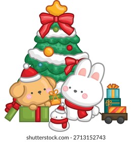 un Vector de un conejo y un perro con el árbol de navidad y el presente