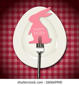 Vector of rabbit easter card with fork on white oval dish