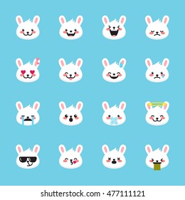 Vector rabbit emoticons collection. Cute mascot emoji set