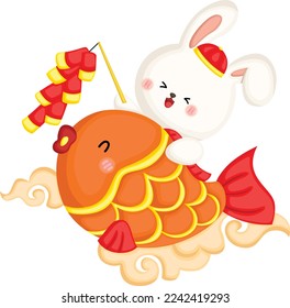 a vector of a rabbit with fish and a firecracker