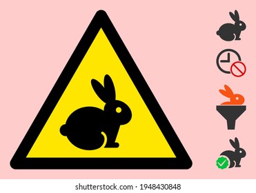 Vector rabbit flat warning sign. Triangle icon uses black and yellow colors. Symbol style is a flat rabbit attention sign on a pink background. Icons designed for caution signals, road signs,