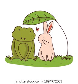 vector Rabbit and Frog under a leaf. Flat style vector illustration isolated on white background.