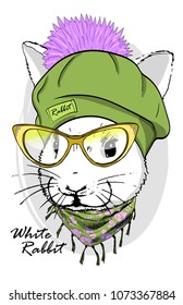 Vector rabbit with glasses, green hat and scarf. Hand drawn illustration of dressed rabbit.