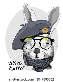 Vector rabbit with glasses, grey beret and scarf. Hand drawn illustration of dressed rabbit.