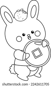 a vector of a rabbit with a gold coin in black and white coloring