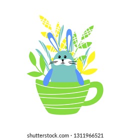vector rabbit in green cup mug funny cartoon cute illustration card
