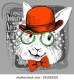 Vector rabbit in a hat and bow. Hand drawn illustration of dressed rabbit.