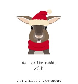 Vector rabbit head in new year red hat and scarf, Animal of Chinese zodiac symbol. flat cartoon grey hare face isolated. Object for poster, banner, print, advertisement, web design element.