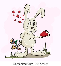 vector rabbit with heart in hands hides the flowers behind