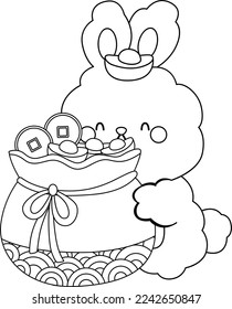 a vector of rabbit hugging a gold bag in black and white colouring